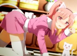 Rule 34 | 1girl, all fours, animal ears, apron, blush, cat, cat ears, cat tail, commentary request, embarrassed, goribote, hairband, juliet sleeves, long hair, long sleeves, looking at viewer, maid, maid apron, maid headdress, nishiyama serina, open mouth, paw pose, pink eyes, pink hair, ponytail, puffy sleeves, sansha san&#039;you, solo, tail, thighhighs, waist apron, wavy mouth, white thighhighs
