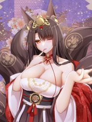 Rule 34 | 1girl, akagi (azur lane), akagi (dawn phoenix&#039;s summons) (azur lane), animal ear fluff, azur lane, bare shoulders, breasts, brown dress, brown hair, brown tail, cleavage, dress, eyeliner, finger to mouth, fox girl, hair ornament, highres, huge breasts, japanese clothes, kimono, kitsune, kyuubi, long hair, looking at viewer, makeup, momijizuki luna, multiple tails, nail polish, official alternate costume, one eye closed, open clothes, open kimono, red kimono, red nails, skindentation, solo, tail, tail ornament, upper body, wide sleeves