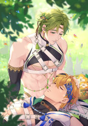 Rule 34 | 2boys, 7go3 nc, bandana, blonde hair, blush, earrings, flower, forest, gloves, green hair, highres, jewelry, male focus, multiple boys, muscular, muscular male, nature, nu carnival, olivine (nu carnival), quincy (nu carnival), quinoli (nu carnival), short hair, sleeping, smile