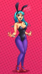 Rule 34 | 1girl, bare arms, bare shoulders, black leotard, blue eyes, blue hair, blue pantyhose, breasts, bulma, cleavage, detached collar, dragon ball, dragon ball (classic), female focus, full body, halloween, high heels, highres, large breasts, leotard, long hair, nortuet, open mouth, pantyhose, playboy bunny, polka dot, polka dot background, red background, revealing clothes, smile, solo, standing, strapless, strapless leotard