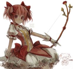 Rule 34 | 1girl, bow, bow (weapon), bubble skirt, character doll, choker, drek2xme, dress, fumo (doll), gloves, hair ribbon, hashtag-only commentary, highres, holding, holding bow (weapon), holding weapon, kaname madoka, looking at viewer, magical girl, mahou shoujo madoka magica, pink bow, pink choker, pink dress, pink eyes, pink hair, puffy short sleeves, puffy sleeves, ribbon, short hair, short sleeves, short twintails, simple background, skirt, smile, solo, soul gem, twintails, watermark, weapon, white background, white gloves, white sleeves