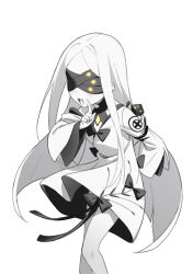 Rule 34 | 1girl, black bow, blindfold, blue archive, blush, bow, colored skin, covered eyes, dress, index finger raised, long hair, ohr (blue archive), open mouth, parted bangs, simple background, smile, solo, u0w0v, white background, white dress, white hair, white skin