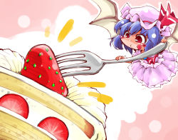 Rule 34 | 1girl, bat wings, blue hair, cake, chibi, commentary request, dress, food, fork, fruit, hat, hat ribbon, licking lips, mini person, minigirl, pink dress, red eyes, remilia scarlet, ribbon, shinapuu, smile, solo, strawberry, tongue, tongue out, touhou, wings