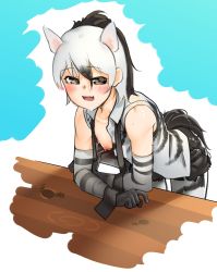 Rule 34 | 10s, 1girl, aardwolf (kemono friends), aardwolf print, animal ears, animal print, arm support, bare shoulders, black hair, black necktie, black shorts, blush, breasts, brown eyes, charnoe, collarbone, commentary request, dripping, elbow gloves, extra ears, gloves, grey hair, hair between eyes, high ponytail, highres, kemono friends, leaning forward, long hair, looking at viewer, multicolored hair, necktie, nipples, no bra, open clothes, open mouth, open shirt, pantyhose, pantyhose under shorts, ponytail, print gloves, print pantyhose, print shirt, shirt, shorts, sidelocks, sleeveless, sleeveless shirt, small breasts, smile, solo, tail, two-tone hair, undone necktie, upper body, wet, wet clothes, wet face, wet hair