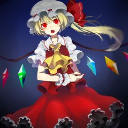 Rule 34 | 1girl, ascot, bad id, bad pixiv id, blonde hair, blue background, blurry, crystal, dutch angle, fangs, flandre scarlet, frilled skirt, frills, gradient background, hat, hat ribbon, highres, kare (arupusu888), looking at viewer, mob cap, nail polish, open mouth, puffy sleeves, red eyes, ribbon, shirt, short sleeves, side ponytail, skirt, skirt set, solo, touhou, vest, wings, wrist cuffs