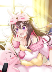 Rule 34 | 1girl, all fours, alternate costume, azki (hololive), bare legs, barefoot, bed sheet, brown hair, collarbone, colored inner hair, curtains, deformed, drooling, floating hair, hair between eyes, hand on own face, holding, holding phone, holding pillow, hololive, indoors, jacket, lens flare, light rays, long hair, looking at phone, mask, mask on head, mole, mole under eye, mouth drool, multicolored hair, off shoulder, on bed, open mouth, phone, pillow, pink hair, pink jacket, pink shirt, pioneer (azki), purple eyes, raised eyebrows, ritsuki kotowa, shirt, sidelocks, sleep mask, sleepwear, sleeveless, sleeveless shirt, sunbeam, sunlight, surprised, two-tone hair, virtual youtuber, window