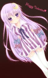 Rule 34 | 1girl, blush, bow, breasts, cleavage, crescent, crescent hair ornament, etou (cherry7), female focus, garter straps, hair bow, hair ornament, happy valentine, heart, long hair, nightgown, no headwear, no headwear, patchouli knowledge, purple eyes, purple hair, solo, striped, thighhighs, touhou, valentine, very long hair, white thighhighs