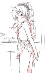 Rule 34 | 1girl, apron, arm behind back, blush, breasts, chigusa asuha, food, grey background, greyscale, hair ornament, hairclip, high ponytail, holding, holding food, long hair, looking at viewer, monochrome, nearly naked apron, panties, qualidea code, sekiya asami, sideboob, simple background, sketch, small breasts, solo, standing, swept bangs, underwear, very long hair, white background, white panties