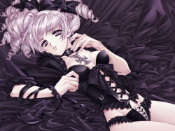 Rule 34 | 1girl, bad id, bad pixiv id, bed, choker, cross, drill hair, goth fashion, greek cross, jewelry, lingerie, moonstone, necklace, solo, underwear, white hair