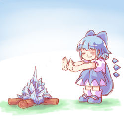 Rule 34 | 1girl, blue hair, blush, campfire, cirno, closed eyes, highres, ice, ice wings, outstretched arms, short hair, smile, solo, squatting, touhou, wings, yoruny