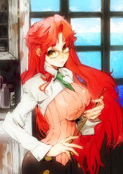 Rule 34 | 00s, 1girl, aged up, alternate hairstyle, between breasts, bottle, breasts, buttons, crop top, glasses, hair down, holding, impossible clothes, impossible shirt, indoors, large breasts, long hair, looking at viewer, looking back, necktie, ocean, official art, parted bangs, pointer, poison, profile, red hair, shirt, skirt, smile, solo, standing, teacher, tengen toppa gurren lagann, toi8, very long hair, water, window, yellow eyes, yoko littner, yomako