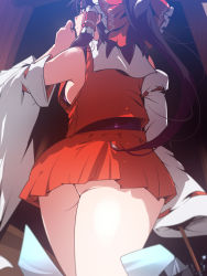 Rule 34 | 1girl, ass, black hair, bow, breasts, detached sleeves, from behind, gluteal fold, gohei, hair bow, hair tubes, hakurei reimu, highres, holding, hyudora, looking to the side, medium hair, red bow, red shirt, red skirt, ribbon-trimmed sleeves, ribbon trim, shide, shirt, sideboob, skirt, solo, standing, thighs, touhou, upskirt