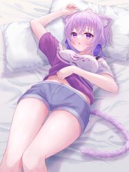 Rule 34 | 1girl, absurdres, ahoge, animal ear fluff, animal ears, arm above head, bed sheet, blue shorts, blush, breasts, cat ears, cat girl, cat tail, clothes lift, commentary request, crossed bangs, eyelashes, hair between eyes, head on pillow, headphones, headphones around neck, highres, hololive, large breasts, lifted by self, looking at viewer, nekomata okayu, on bed, open mouth, purple eyes, purple hair, purple shirt, purple tail, shirt, shirt lift, short hair, short sleeves, shorts, solo, tail, thigh gap, thighs, togemaru34, two-tone shirt, virtual youtuber, white shirt