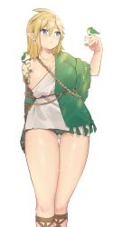 Rule 34 | 1girl, absurdres, animal, animal on shoulder, archaic set (zelda), arm at side, bird, bird on hand, bird on shoulder, blonde hair, blue eyes, blush, boots, breasts, brown footwear, cameltoe, collarbone, earrings, feet out of frame, genderswap, genderswap (mtf), green shorts, hand up, highres, jewelry, knee boots, large breasts, link, medium hair, nintendo, parted lips, pointy ears, shiny skin, shorts, simple background, single bare shoulder, solo, the legend of zelda, the legend of zelda: breath of the wild, translation request, ttanuu., white background
