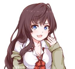 Rule 34 | 10s, 1girl, :3, blue eyes, blush, breasts, brown hair, cleavage, commentary, disco brando, highres, ichinose shiki, idolmaster, idolmaster cinderella girls, large breasts, long hair, looking at viewer, open mouth, school uniform, simple background, smile, solo, twitter username, upper body, white background