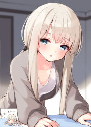 Rule 34 | 1girl, blonde hair, blue eyes, blush, breasts, brown sweater, chibi, cleavage, closed eyes, highres, looking at viewer, ominaeshi (takenoko), parted lips, shirt, small breasts, solo, sweater, tripping, white shirt