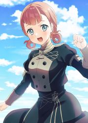 Rule 34 | 1girl, annette fantine dominic, aqua eyes, blush, breasts, clenched hands, cloud, day, fire emblem, fire emblem: three houses, garreg mach monastery uniform, hair rings, highres, juliet sleeves, long sleeves, looking at viewer, medium breasts, nintendo, open mouth, orange hair, outdoors, puffy sleeves, sephikowa, sky, solo, twitter username