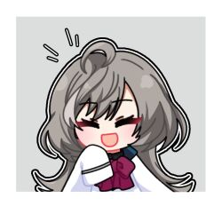 1girl :d ^_^ ahoge arm_at_side assault_lily blush border bow bowtie chibi closed_eyes commentary facing_viewer grey_background grey_hair hand_up herensuge_girls_academy_school_uniform jacket long_hair long_sleeves multicolored_hair notice_lines open_mouth outline red_bow red_bowtie sasaki_ran school_uniform simple_background sleeves_past_fingers sleeves_past_wrists smile solo streaked_hair symbol-only_commentary upper_body white_border white_jacket white_outline yui_(yui1115_)