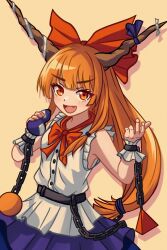 Rule 34 | 1girl, absurdres, belt, blouse, blunt bangs, bow, bowtie, brown horns, chain, chunjiu, cube, fang, hair bow, hand up, highres, holding, horn bow, horn ornament, horn ribbon, horns, ibuki suika, light blush, long hair, looking at viewer, low-tied long hair, open mouth, orange eyes, orange hair, pleated skirt, purple bow, purple ribbon, purple skirt, pyramid (geometry), red bow, red bowtie, ribbon, shadow, shirt, sidelocks, simple background, skirt, sleeveless, sleeveless shirt, touhou, upper body, v-shaped eyebrows, very long hair, white shirt, wrist cuffs, yellow background