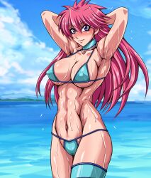 Rule 34 | 1girl, abs, arms up, bikini, blue sky, blush, breasts, cloud, cloudy sky, covered erect nipples, dripping, highres, large breasts, long hair, looking at viewer, mighty yukiko, muscular, muscular female, ocean, pink hair, purple eyes, retro artstyle, shiny skin, sky, smile, solo, spiked hair, swimsuit, taroimo (00120014), thong bikini, wet, wet clothes, wet swimsuit, wide hips, wrestle angels