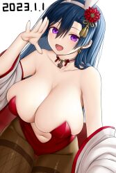 Rule 34 | 1girl, 2023, :d, absurdres, animal ears, arm up, asamura hiori, bare shoulders, blue hair, breasts, brown pantyhose, cleavage, clothing cutout, collar, collarbone, commentary request, cowboy shot, dated, earrings, fake animal ears, fingernails, fishnets, hair between eyes, hair ornament, hand up, highleg, highleg leotard, highres, huge breasts, japanese clothes, jewelry, kimono, leotard, long fingernails, long hair, looking at viewer, navel, navel cutout, off shoulder, open clothes, open kimono, open mouth, original, pantyhose, playboy bunny, purple eyes, rabbit ears, red leotard, sidelocks, simple background, skindentation, smile, solo, standing, strapless, strapless leotard, white background, white kimono
