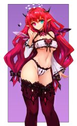 Rule 34 | 1girl, aqua eyes, bare shoulders, border, bra, closed mouth, crystal wings, detached sleeves, groin, halo, hand up, heterochromia, highres, hololive, hololive english, horns, irys (hololive), lingerie, long hair, notte, panties, pointy ears, purple eyes, red hair, red thighhighs, smile, solo, thighhighs, thighs, underwear, underwear only, very long hair, virtual youtuber, wavy hair, white border, white bra, white panties, white sleeves