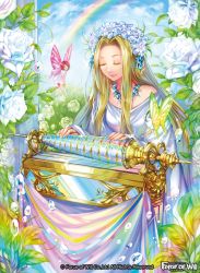 Rule 34 | 3girls, armonica, blonde hair, braid, brown hair, cloud, copyright name, day, closed eyes, fairy, fairy wings, flower, force of will, glass harmonica, grass, instrument, jewelry, leaf, long hair, matsurika youko, multiple girls, music, necklace, official art, playing instrument, rainbow, red hair, rose, sitting, sky, solo focus, sparkle, twin braids, water, wings