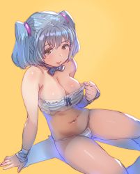 Rule 34 | 1girl, :d, arm support, bare arms, bare shoulders, bikini, blue bikini, blue hair, blue ribbon, bow (bhp), breasts, brown eyes, cleavage, commentary request, large breasts, looking at viewer, navel, neck ribbon, open mouth, original, plump, ribbon, simple background, sitting, skindentation, smile, solo, strapless, strapless bikini, striped bikini, striped clothes, swimsuit, tareme, twintails, two side up, wristband, yellow background