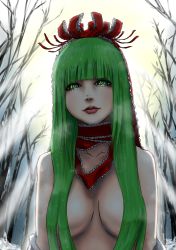 Rule 34 | 1girl, backlighting, bad id, bad pixiv id, bare shoulders, bare tree, blunt bangs, bow, breasts, breasts apart, collarbone, female focus, frills, green eyes, green hair, hair bow, hair censor, hair over breasts, hair ribbon, highres, juurouta (pixiv3673286), kagiyama hina, light smile, lips, long hair, looking at viewer, medium breasts, off shoulder, outdoors, parted lips, red lips, ribbon, solo, symbol-shaped pupils, topless frame, touhou, tree, upper body, yellow pupils