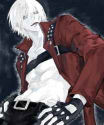 Rule 34 | 1boy, absurdres, belt, belt bra, black belt, black gloves, blue eyes, coat, dante (devil may cry), devil may cry, devil may cry (series), devil may cry 3, fingerless gloves, gloves, highres, long hair, looking at viewer, male focus, red coat, simple background, solo, toned, toned male, tongue, tongue out, topless male, white hair