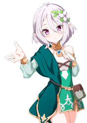 Rule 34 | 1girl, ame., antenna hair, blush, bridal gauntlets, closed mouth, commentary request, cowboy shot, detached sleeves, dress, flower, green dress, green sleeves, hair between eyes, hair flower, hair ornament, hands up, head tilt, highres, kokkoro (princess connect!), long sleeves, looking at viewer, pointy ears, princess connect!, puffy long sleeves, puffy sleeves, purple eyes, see-through, see-through sleeves, silver hair, simple background, sleeveless, sleeveless dress, smile, solo, white background, white flower