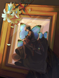 Rule 34 | 1boy, absurdres, black footwear, black gloves, black pants, black robe, blue butterfly, boots, bug, butterfly, closed eyes, earrings, ensemble stars!, flower, framed insect, gloves, highres, in container, insect, insect collection, jewelry, kagehira mika, kekekkbk, light particles, lily (flower), long sleeves, lying, male focus, mini person, miniboy, on side, pants, petals, picture frame, profile, red ribbon, ribbon, robe, sash, short hair, sleeping, solo, thigh boots, white flower