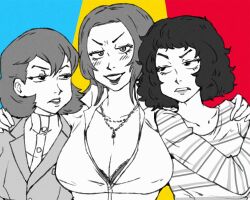 Rule 34 | 2023, 3girls, annoyed, atlus, blue theme, blush, bob cut, breasts, chief (91m10), cleavage, collarbone, commentary, english commentary, female focus, formal, grin, hair between eyes, hands on another&#039;s shoulders, in-franchise crossover, kashiwagi noriko, kawakami sadayo, large breasts, lipstick, long sleeves, looking at another, looking at viewer, makeup, mature female, messy hair, monochrome, multiple girls, necktie, open clothes, parted bangs, persona, persona 3, persona 4, persona 5, red theme, shirt, short hair, smile, spot color, striped clothes, striped shirt, suit, teacher, toriumi isako, trait connection, turtleneck, upper body, v-shaped eyebrows, yellow theme