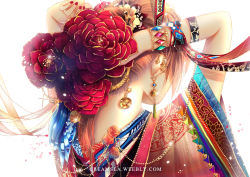 Rule 34 | 1girl, arms up, bad id, bad pixiv id, bracelet, chain, chain, creamsea, cross, earrings, feathers, flower, from behind, gem, gold chain, hair ornament, jewelry, orange hair, original, peony (flower), red flower, red rose, ribbon, rose, solo, watermark, web address, white background