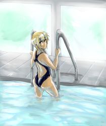 Rule 34 | 10s, ass, blonde hair, competition swimsuit, highres, katawa shoujo, one-piece swimsuit, pool, red eyes, satou akira, swimsuit