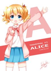 Rule 34 | 1girl, :d, absurdres, alice cartelet, blonde hair, blouse, blue eyes, blush, character name, collared shirt, english text, hair ornament, happy birthday, highres, kin-iro mosaic, looking at viewer, march (sakamoto takuya), open mouth, school uniform, shirt, shirt tucked in, signature, smile, solo, thighhighs, twintails, white shirt, white thighhighs