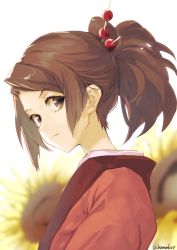 Rule 34 | 1girl, absurdres, blurry, blurry background, brown hair, chamu (chammkue), closed mouth, flower, from side, fuu (samurai champloo), hair ornament, hair stick, highres, japanese clothes, kimono, pink kimono, ponytail, samurai champloo, short hair, solo, sunflower, twitter username, upper body, yellow flower