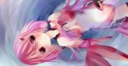 Rule 34 | 10s, 1girl, bad id, bad pixiv id, bare shoulders, breasts, center opening, cleavage, detached sleeves, gloves, guilty crown, hair ornament, hairclip, kakyoxx, long hair, looking at viewer, navel, partially submerged, pink hair, red eyes, solo, twintails, yuzuriha inori