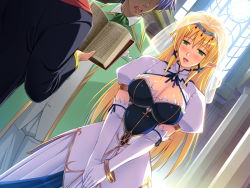 Rule 34 | 1girl, angelica rothschild, blonde hair, blush, book, breasts, bridal veil, bride, cleavage, dress, elbow gloves, elf, game cg, gloves, green eyes, happy, himekishi angelica, ishigaki takashi, large breasts, long hair, open mouth, pointy ears, priest, smile, standing, veil, wedding, wedding dress