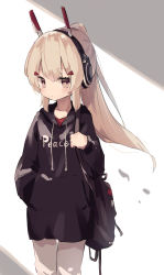 Rule 34 | 1girl, absurdres, alternate costume, ayanami (azur lane), azur lane, bag, black hoodie, blonde hair, casual, commentary request, contemporary, earphones, english text, expressionless, fujii shino, hand in pocket, highres, hood, hoodie, long hair, long sleeves, looking at viewer, ponytail, sidelocks, solo, standing, yellow eyes