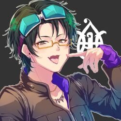 Rule 34 | 1boy, 24mbb, black hair, glasses, gnosia, goggles, green hair, jacket, jewelry, long sleeves, male focus, necklace, sha-ming, shirt, short hair, smile, solo, tongue, tongue out, upper body, zipper