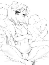 Rule 34 | 1girl, arcana heart, backpack, bag, bare arms, bare shoulders, barefoot, blush stickers, closed mouth, commentary request, covered navel, crossed arms, daidouji kira, feet, female focus, flat chest, full body, fumio (rsqkr), looking at viewer, monochrome, nipples, one-piece swimsuit, partially visible vulva, randoseru, school swimsuit, short hair, simple background, sitting, slime, solo, swimsuit, thighs, white background