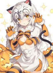 Rule 34 | 1girl, akae neo, alternate costume, animal ears, blush, bow, breasts, cat ears, cat girl, cat tail, cleavage, commentary request, fake animal ears, fake tail, fate/grand order, fate (series), gloves, halloween, halloween costume, head tilt, headpiece, highres, jack-o&#039;-lantern, jeanne d&#039;arc (fate), jeanne d&#039;arc alter santa lily (fate), kemonomimi mode, looking at viewer, pumpkin, ribbon, short hair, silver hair, simple background, small breasts, solo, sparkle, striped bow, striped clothes, striped ribbon, striped thighhighs, tail, thighhighs, white background, yellow eyes