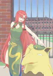 Rule 34 | 1girl, :d, absurdly long hair, adapted costume, bare arms, bare shoulders, beret, black bow, blue sky, borrowed clothes, bow, braid, breasts, brick, building, china dress, chinese clothes, cleavage, creatures (company), crossover, day, dragonair, dress, drowzee, game freak, gate, gen 1 pokemon, green dress, green eyes, green hat, hair bow, hand on own hip, hat, highres, hong meiling, ichiroku (sakumogu-029), large breasts, leg up, long hair, mansion, nintendo, open mouth, outdoors, outstretched arm, pelvic curtain, pokemon, pokemon (creature), red hair, scarlet devil mansion, side slit, sky, sleeveless, sleeveless dress, smile, standing, standing on one leg, star (symbol), tongue, touhou, turtleneck, twin braids, unworn hat, unworn headwear, very long hair