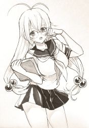 Rule 34 | 1girl, ahoge, breasts, glasses, hair bobbles, hair ornament, ikkitousen, large breasts, long hair, looking at viewer, low-tied long hair, monochrome, murata tefu, open mouth, ryuubi gentoku, school uniform, simple background, skirt, solo, twintails, very long hair, white background