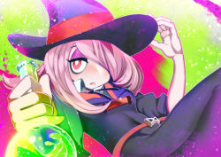 Rule 34 | 1girl, :&lt;, hair over one eye, hakkasame, hat, little witch academia, long hair, looking at viewer, one eye covered, purple eyes, purple hair, sucy manbavaran, witch, witch hat