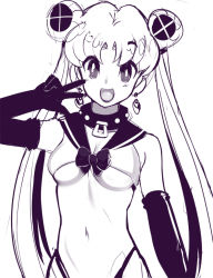 Rule 34 | 1girl, adapted costume, bdsm, bishoujo senshi sailor moon, breasts, collar, crop top, double bun, earrings, elbow gloves, gloves, hair ornament, jewelry, long hair, monochrome, open mouth, sailor collar, sailor moon, sho-n-d, slave, small breasts, solo, tsukino usagi, twintails, underboob, v
