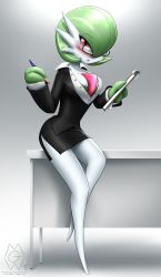 Rule 34 | 1girl, absurdres, blush, breasts, buttons, cleavage, creatures (company), game freak, gardevoir, gen 3 pokemon, glasses, green hair, highres, mykegreywolf, nintendo, note, pale skin, pencil, pokemon, pokemon (creature), red eyes, sitting, skirt, solo, unbuttoned