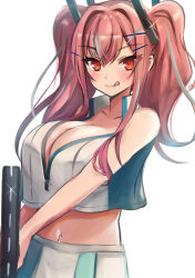 Rule 34 | 1girl, :q, absurdres, azur lane, bare shoulders, blush, breasts, bremerton (azur lane), bremerton (scorching-hot training) (azur lane), center opening, cleavage, hair between eyes, hair intakes, hair ornament, hairclip, highres, holding, holding racket, large breasts, long hair, looking at viewer, midriff, mole, mole under eye, multicolored hair, navel, navel piercing, piercing, pink hair, popped collar, racket, red eyes, rei (ilust9999), shirt, skirt, sleeveless, sleeveless shirt, sportswear, streaked hair, tennis racket, tennis uniform, tongue, tongue out, twintails, two-tone shirt, two-tone skirt, x hair ornament