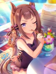 Rule 34 | 1girl, animal ears, arm behind back, backlighting, bad link, blunt bangs, braided hair rings, breasts, brown hair, collarbone, colored eyelashes, drinking straw, flower, hair flower, hair ornament, hair rings, highres, horse ears, horse girl, horse tail, long hair, looking at viewer, low twintails, official alternate costume, official art, one-piece swimsuit, one eye closed, pool, purple eyes, purple one-piece swimsuit, small breasts, solo, sweep tosho (monopolizing the chill?) (umamusume), sweep tosho (umamusume), swimsuit, tail, twintails, umamusume